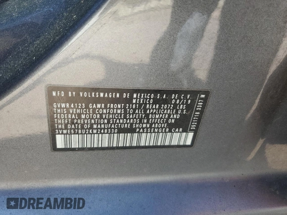 2019 Volkswagen Jetta SEL with VIN 3VWE57BU2KM248330, listed as a Copart auction lot 67894744 with 133,196 mi miles and Salvage title. Bid and sale history available at DreamBid. Image 12.