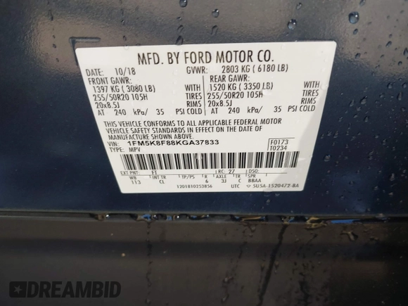 2019 Ford Explorer Limited with VIN 1FM5K8F88KGA37833, listed as a IAAI auction lot 41603183 with 103,042 mi miles and . Bid and sale history available at DreamBid. Image 9.