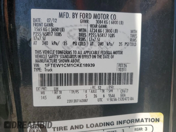2012 Ford F-150 XL with VIN 1FTEW1CM1CKE18939, listed as a Copart auction lot 45755165 with 118,760 mi miles and Salvage Title. Bid and sale history available at carsss.com. Image 14.