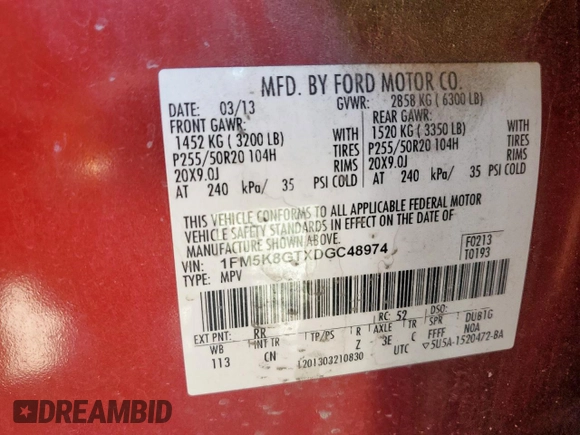 2013 Ford Explorer Sport z VIN 1FM5K8GTXDGC48974, wystawiony jako Copart lot #56107965 z przebiegiem 232 227 mil mil oraz Szkoda całkowita • Salvage title. Historia ofert i sprzedaży dostępna na DreamBid. Obrazek 12.