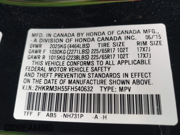 2015 Honda CR-V EX with VIN 2HKRM3H55FH540632, listed as a IAAI auction lot 42073803 with 126,295 mi miles and . Bid and sale history available at carsss.com. Image 9.