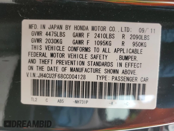 2012 Acura TSX Tech Pkg with VIN JH4CU2F68CC004128, listed as a Copart auction lot 53658495 with 161,851 mi miles and Salvage Title. Bid and sale history available at carsss.com. Image 12.