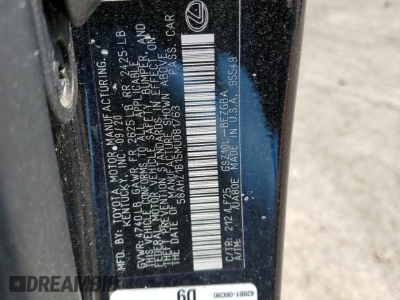 2021 Lexus ES 350 F Sport z VIN 58AHZ1B15MU081763, wystawiony jako Copart lot #51173105 z przebiegiem 55 855 mil mil oraz Nie do naprawy • Non repairable. Historia ofert i sprzedaży dostępna na DreamBid. Obrazek 12.