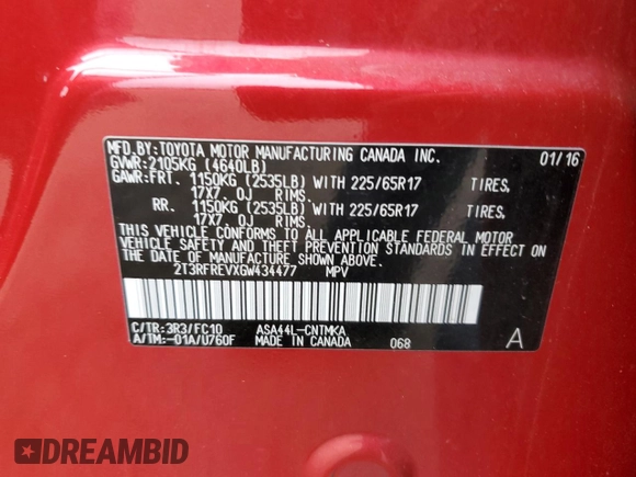 2016 Toyota RAV4 XLE with VIN 2T3RFREVXGW434477, listed as a Copart auction lot 62471185 with 116,779 mi miles and Salvage title. Bid and sale history available at DreamBid. Image 13.