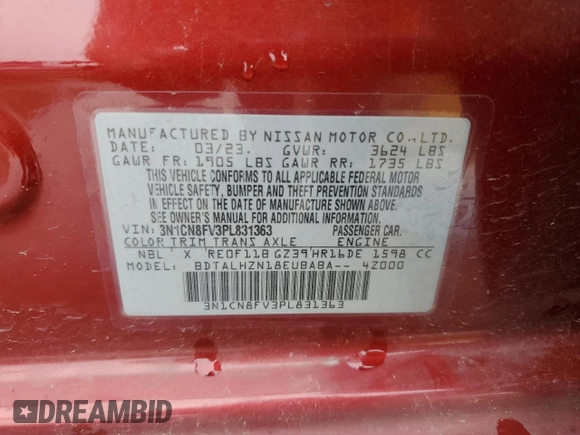 2023 Nissan Versa SR with VIN 3N1CN8FV3PL831363, listed as a Copart auction lot 60890225 with 41,938 mi miles and Salvage title. Bid and sale history available at DreamBid. Image 12.