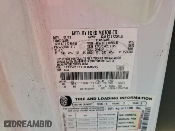 2013 Ford F-150 XL with VIN 1FTFW1ET7DFB36050, listed as a Copart auction lot 53604515 with 193,410 mi miles and Clean Title. Bid and sale history available at carsss.com. Image 12.