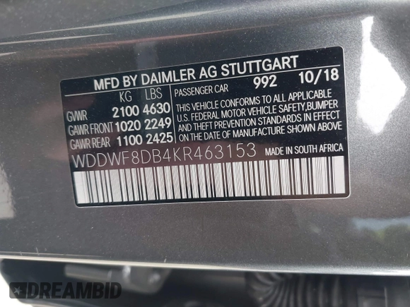 2019 Mercedes-Benz C 300 z VIN WDDWF8DB4KR463153, wystawiony jako IAAI lot #42168880 z przebiegiem 66 480 mil mil oraz . Historia ofert i sprzedaży dostępna na DreamBid. Obrazek 9.