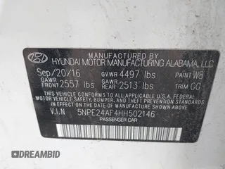 2017 Hyundai Sonata SE with VIN 5NPE24AF4HH502146, listed as a IAAI auction lot 41806979 with 88,289 mi miles and . Bid and sale history available at DreamBid. Image 9.