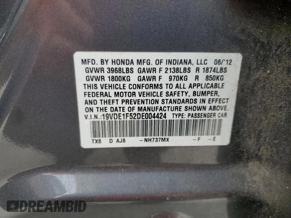 2013 Acura ILX Premium z VIN 19VDE1F52DE004424, wystawiony jako Copart lot #55419405 z przebiegiem 62 446 mil mil oraz Nie do naprawy • Non repairable. Historia ofert i sprzedaży dostępna na DreamBid. Obrazek 12.