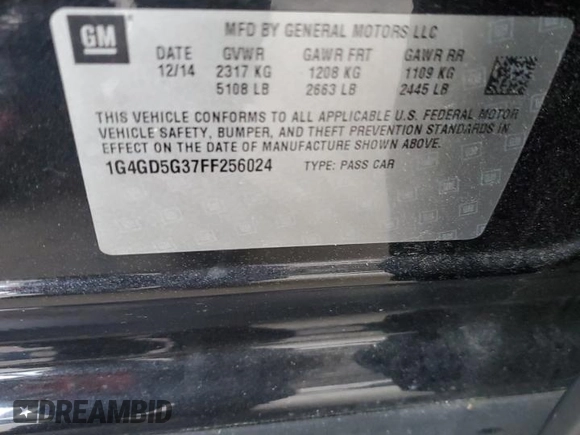2015 Buick LaCrosse Premium I with VIN 1G4GD5G37FF256024, listed as a Copart auction lot 50158615 with 74,253 mi miles and Salvage title. Bid and sale history available at DreamBid. Image 14.