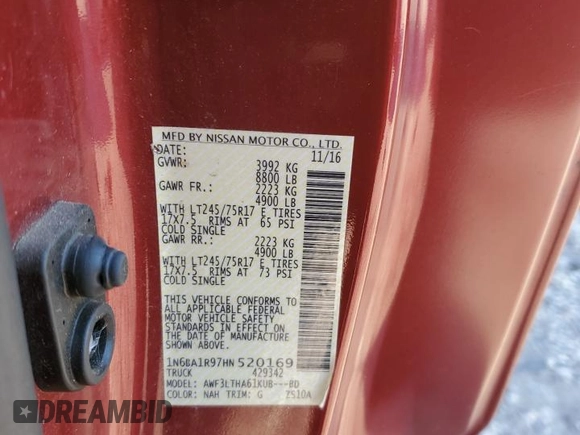 2017 Nissan Titan with VIN 1N6BA1R97HN520169, listed as a Copart auction lot 82783774 with 203,684 mi miles and Salvage title. Bid and sale history available at DreamBid. Image 12.