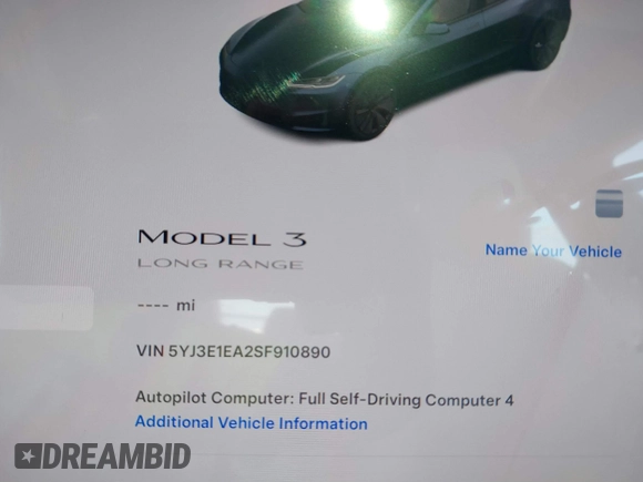 2025 Tesla Model 3 Long Range with VIN 5YJ3E1EA2SF910890, listed as a IAAI auction lot 41791583 with Not Provided miles and . Bid and sale history available at DreamBid. Image 7.
