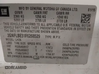 2015 Chevrolet Equinox LT with VIN 2GNFLBE31F6268529, listed as a IAAI auction lot 41821025 with 189,308 mi miles and . Bid and sale history available at carsss.com. Image 9.