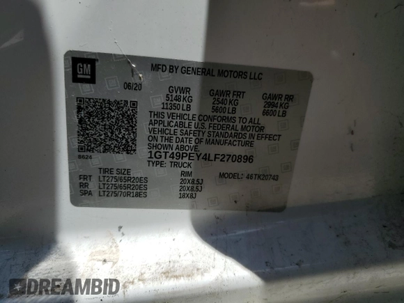2020 GMC Sierra 2500HD AT4 z VIN 1GT49PEY4LF270896, wystawiony jako Copart lot #53481915 z przebiegiem Nie podano mil oraz Czysty tytuł • Clean title. Historia ofert i sprzedaży dostępna na DreamBid. Obrazek 12.
