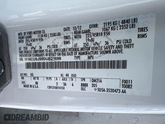 2013 Ford Escape Titanium with VIN 1FMCU9J95DUB21698, listed as a IAAI auction lot 42694998 with 170,593 mi miles and . Bid and sale history available at DreamBid. Image 8.