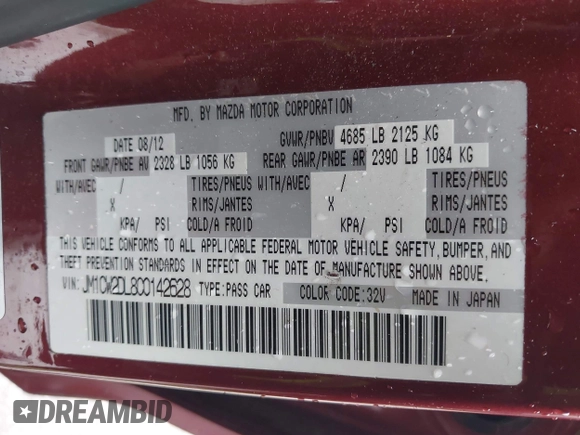 2012 Mazda 5 Grand Touring with VIN JM1CW2DL8C0142628, listed as a IAAI auction lot 42350676 with 84,764 mi miles and . Bid and sale history available at DreamBid. Image 9.