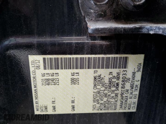 2012 Nissan Maxima SV with VIN 1N4AA5AP9CC868033, listed as a Copart auction lot 65988475 with 87,380 mi miles and Salvage title. Bid and sale history available at DreamBid. Image 13.