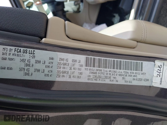 2020 Jeep Grand Cherokee Limited with VIN 1C4RJEBG1LC265105, listed as a IAAI auction lot 42485989 with 130,726 mi miles and . Bid and sale history available at DreamBid. Image 9.