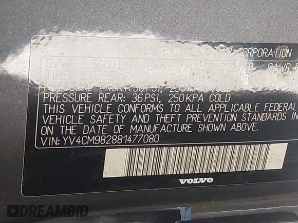 2008 Volvo XC90 I6 with VIN YV4CM982881477080, listed as a IAAI auction lot 40396392 with 194,239 mi miles. Bid and sale history available at carsss.com. Image 9.