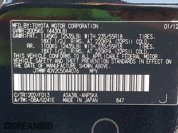 2012 Toyota RAV4 Sport с VIN JTMWF4DV2C5044076, выставлен на аукционе IAAI как лот 42304118 с пробегом 222 533 миль миль и . История ставок и продаж доступна на DreamBid. Изображение 9.