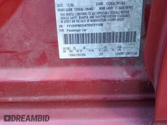 2007 Mazda 6 S Sport VE with VIN 1YVHP80D475M31108, listed as a Copart auction lot 79393634 with 141,784 mi miles and Salvage Title. Bid and sale history available at DreamBid. Image 12.