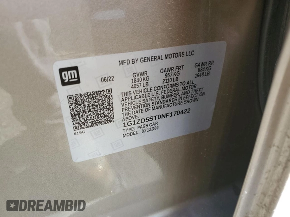2022 Chevrolet Malibu LT with VIN 1G1ZD5ST0NF170422, listed as a Copart auction lot 42056155 with 33,116 mi miles and Salvage Title. Bid and sale history available at DreamBid. Image 14.
