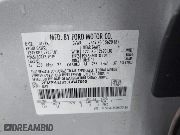 2018 Ford Edge SEL with VIN 2FMPK4J83JBB47090, listed as a IAAI auction lot 41531957 with 107,728 mi miles. Bid and sale history available at carsss.com. Image 9.