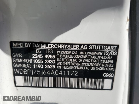 2004 Mercedes-Benz CL with VIN WDBPJ75J64A041172, listed as a Copart auction lot 52447335 with 89,388 mi miles and Salvage Title. Bid and sale history available at carsss.com. Image 12.