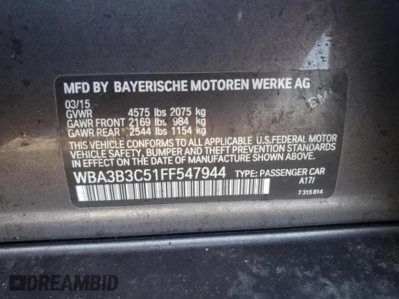 2015 BMW 3 Series 328i xDrive with VIN WBA3B3C51FF547944, listed as a Copart auction lot 50456555 with 102,745 mi miles and Salvage title. Bid and sale history available at DreamBid. Image 14.