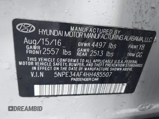 2017 Hyundai Sonata Sport with VIN 5NPE34AF4HH485507, listed as a IAAI auction lot 41853885 with 53,875 mi miles. Bid and sale history available at carsss.com. Image 9.