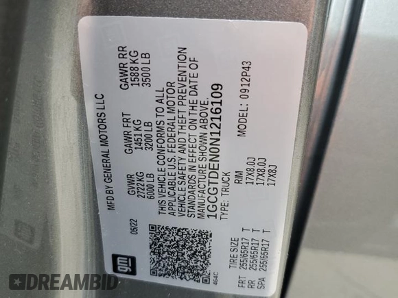 2022 Chevrolet Colorado 4WD Z71 with VIN 1GCGTDEN0N1216109, listed as a Copart auction lot 58567235 with 65,484 mi miles and Salvage title. Bid and sale history available at DreamBid. Image 13.