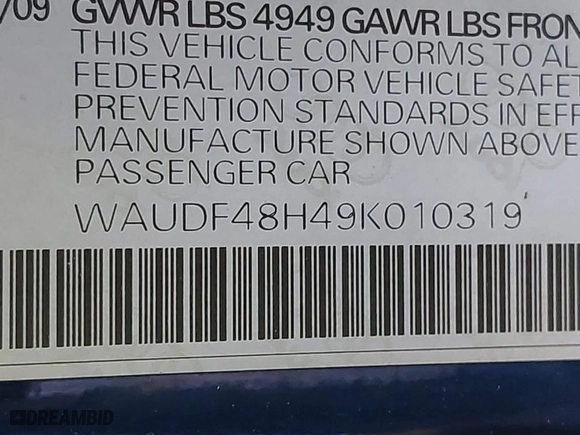 2009 Audi A4 2.0T with VIN WAUDF48H49K010319, listed as a IAAI auction lot 40828607 with 126,287 mi miles. Bid and sale history available at carsss.com. Image 9.