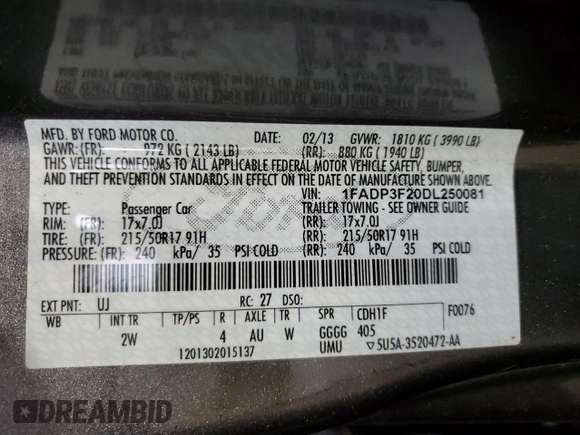 2013 Ford Focus SE with VIN 1FADP3F20DL250081, listed as a Copart auction lot 62140995 with 78,118 mi miles and Salvage title. Bid and sale history available at DreamBid. Image 12.