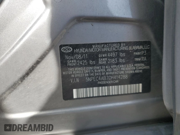 2012 Hyundai Sonata SE with VIN 5NPEC4AB7CH414288, listed as a Copart auction lot 51987105 with 98,385 mi miles and Salvage Title. Bid and sale history available at carsss.com. Image 14.