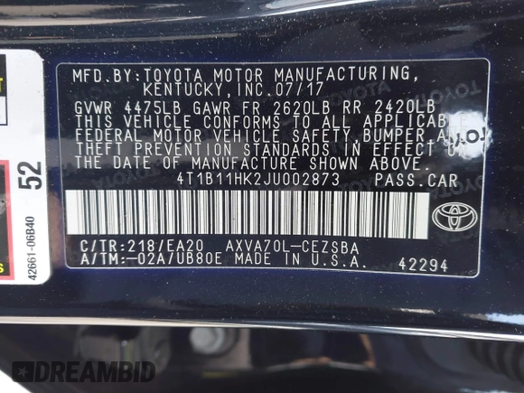2018 Toyota Camry LE z VIN 4T1B11HK2JU002873, wystawiony jako IAAI lot #41637537 z przebiegiem 136 950 mil mil oraz . Historia ofert i sprzedaży dostępna na DreamBid. Obrazek 9.