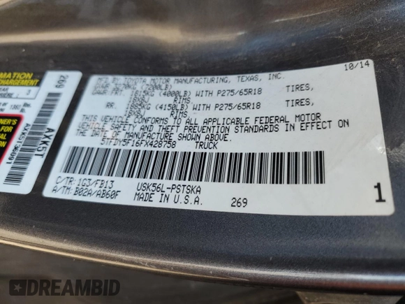 2015 Toyota Tundra 4WD Truck SR5 with VIN 5TFDY5F16FX428758, listed as a Copart auction lot 54232625 with 366,796 mi miles and Clean Title. Bid and sale history available at carsss.com. Image 12.