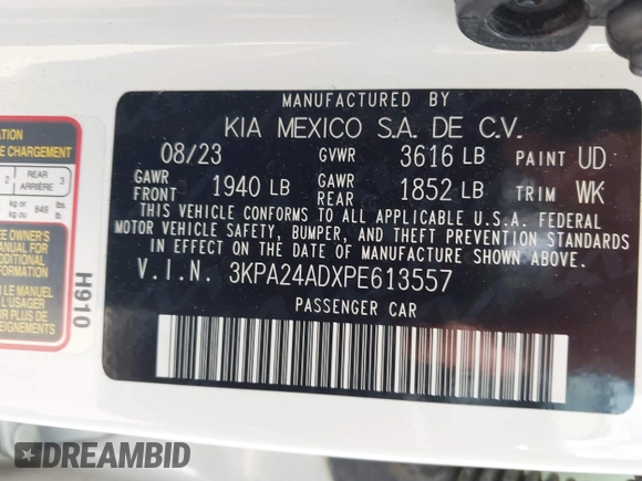 2023 Kia Rio S z VIN 3KPA24ADXPE613557, wystawiony jako IAAI lot #42198794 z przebiegiem 25 275 mil mil oraz . Historia ofert i sprzedaży dostępna na DreamBid. Obrazek 9.