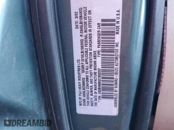 2002 Subaru Legacy Outback Limited with VIN 4S3BH686527652037, listed as a Copart auction lot 83311474 with 212,548 mi miles and Salvage title. Bid and sale history available at DreamBid. Image 14.