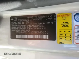 2007 BMW 3 Series 335i with VIN WBAWL73527PX45865, listed as a Copart auction lot 65668275 with 76,926 mi miles and Non repairable. Bid and sale history available at DreamBid. Image 12.