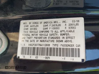 2008 Honda Accord EX with VIN 1HGCP26778A112908, listed as a IAAI auction lot 41756750 with 195,399 mi miles and . Bid and sale history available at DreamBid. Image 9.