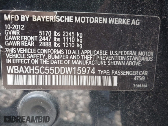 2013 BMW 5 Series 528i xDrive with VIN WBAXH5C55DDW15974, listed as a IAAI auction lot 42185094 with Not provided miles and . Bid and sale history available at DreamBid. Image 9.