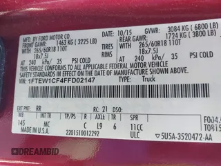 2015 Ford F-150 XL with VIN 1FTEW1CF4FFD02147, listed as a IAAI auction lot 41741065 with 139,627 mi miles. Bid and sale history available at carsss.com. Image 9.