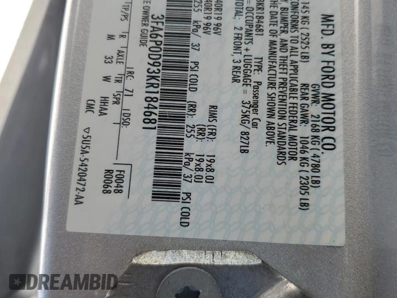 2019 Ford Fusion Titanium with VIN 3FA6P0D93KR184681, listed as a Copart auction lot 49898125 with 64,608 mi miles and Salvage Title. Bid and sale history available at carsss.com. Image 12.