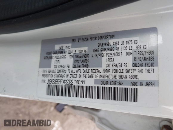 2014 Mazda CX-5 Sport with VIN JM3KE2BE8E0422322, listed as a IAAI auction lot 42009499 with 166,966 mi miles and . Bid and sale history available at carsss.com. Image 9.