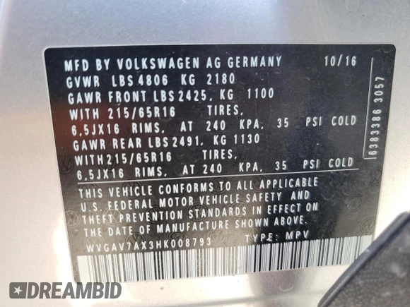 2017 Volkswagen Tiguan S with VIN WVGAV7AX3HK008793, listed as a Copart auction lot 54086385 with 82,400 mi miles and Salvage Title. Bid and sale history available at DreamBid. Image 14.