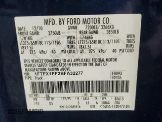 2011 Ford F-150 XL with VIN 1FTFX1EF2BFA32277, listed as a Copart auction lot 57444615 with 157,962 mi miles and Clean title. Bid and sale history available at DreamBid. Image 12.