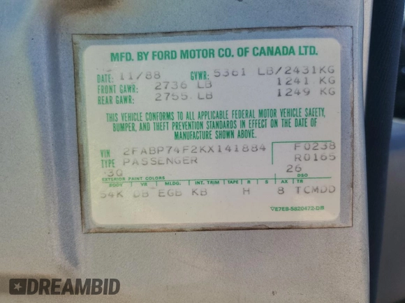1989 Ford Crown Victoria z VIN 2FABP74F2KX141884, wystawiony jako Copart lot #74934494 z przebiegiem 84 761 mil mil oraz Szkoda całkowita • Salvage title. Historia ofert i sprzedaży dostępna na DreamBid. Obrazek 15.
