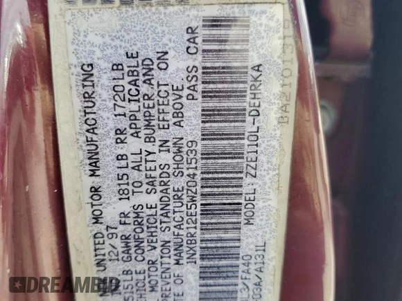 1998 Toyota Corolla VE with VIN 1NXBR12E5WZ041539, listed as a Copart auction lot 61736825 with Not provided miles and Salvage title. Bid and sale history available at DreamBid. Image 12.