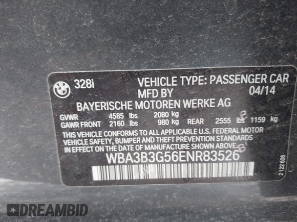 2014 BMW 3 Series 328i xDrive with VIN WBA3B3G56ENR83526, listed as a IAAI auction lot 41599262 with 154,587 mi miles and . Bid and sale history available at DreamBid. Image 9.
