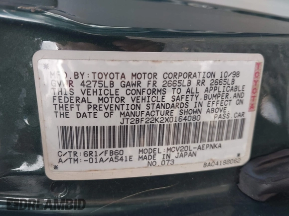 1999 Toyota Camry LE z VIN JT2BF22K2X0164080, wystawiony jako IAAI lot #40984874 z przebiegiem Nie podano mil oraz . Historia ofert i sprzedaży dostępna na DreamBid. Obrazek 9.